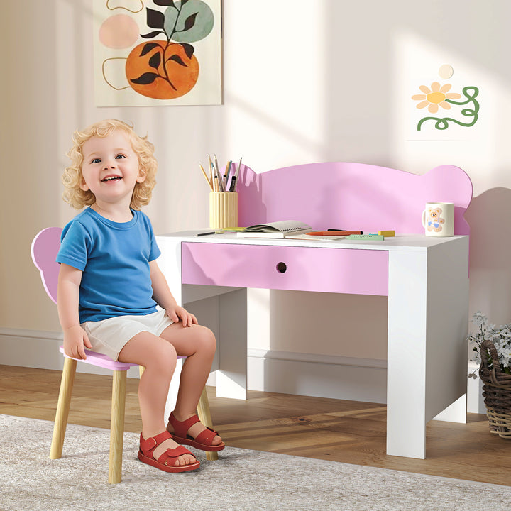 Kids Desk and Chair Set with Drawer for Drawing, Reading, Bear Theme C
