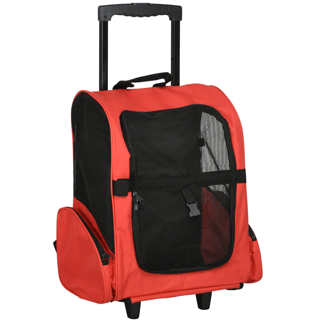 Pet Travel Backpack Bag Cat Puppy Dog Carrier w/ Trolley and Telescopic Handle Portable Stroller Wheel Luggage Bag (Red)