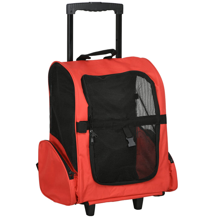 Pet Travel Backpack Bag Cat Puppy Dog Carrier w/ Trolley and Telescopic Handle Portable Stroller Wheel Luggage Bag (Red)