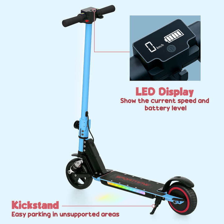 Folding Electric Scooter for Kids Age 6-14 with Dual Brakes, Front Suspension, LED Colourful Lights and Display, 6.8kg Lightweight Aluminium E Scooter, Up to 14 KM/H & 6 KM, Blue