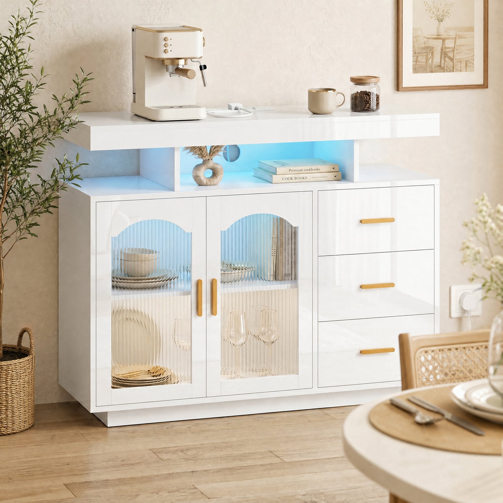 High Gloss Sideboard with LED Lights, Built-in Power Outlets, 3 Drawer