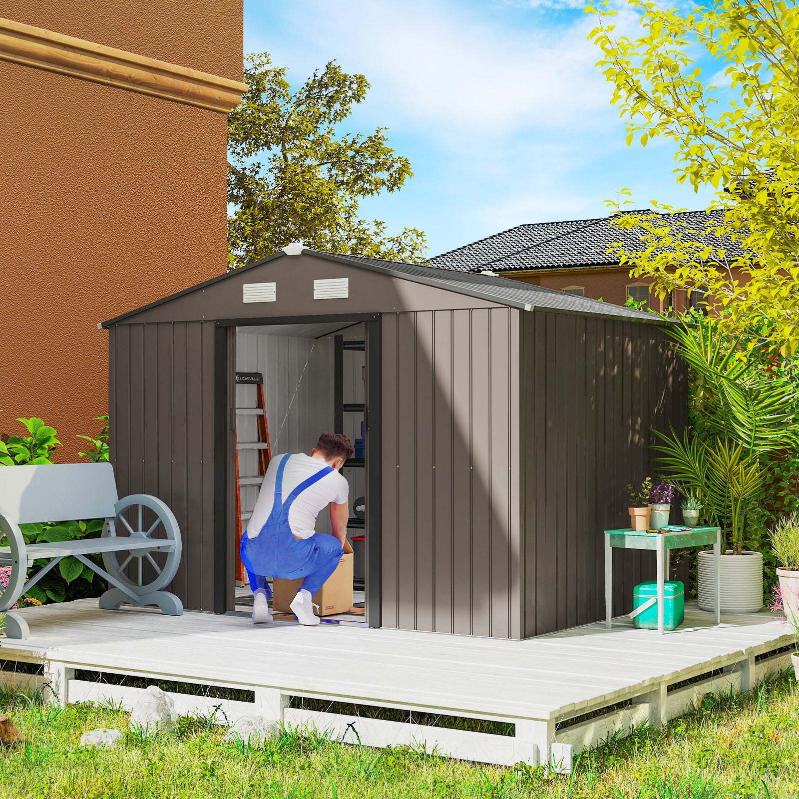 9 x 6ft Metal Garden Shed, Outdoor Storage Tool House with Ventilation Slots, Foundation Kit and Lockable Double Doors, Brown