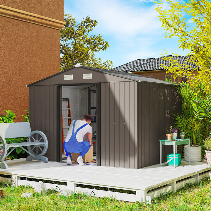 9 x 6ft Metal Garden Shed, Outdoor Storage Tool House with Ventilation Slots, Foundation Kit and Lockable Double Doors, Brown
