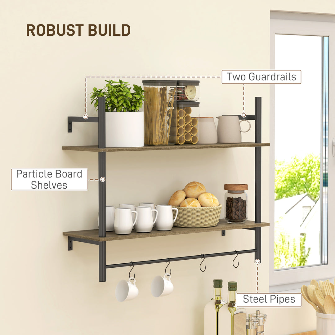 Wall Mounted Floating Shelves with 4 Hooks, Rustic Wall Shelf Unit for Living Room, Entryway, Grey