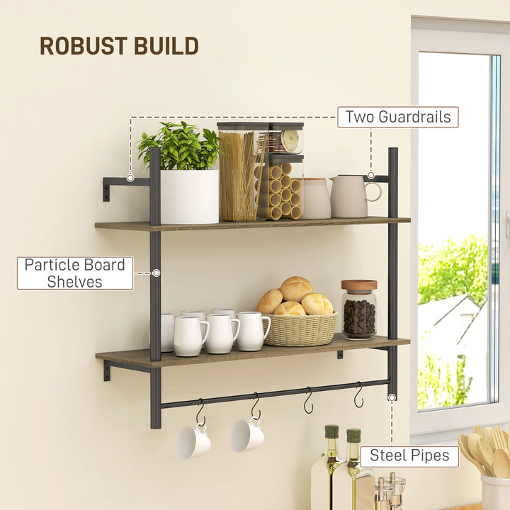 Wall Mounted Floating Shelves with 4 Hooks, Rustic Wall Shelf Unit for Living Room, Entryway, Grey