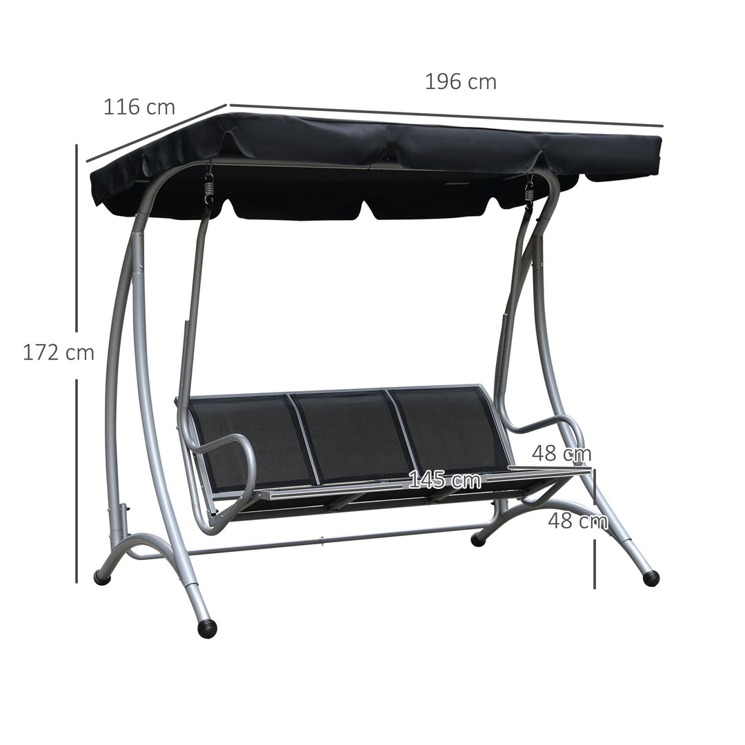 Three Person Steel Outdoor Porch Swing Chair Bench with Canopy Cover - Black
