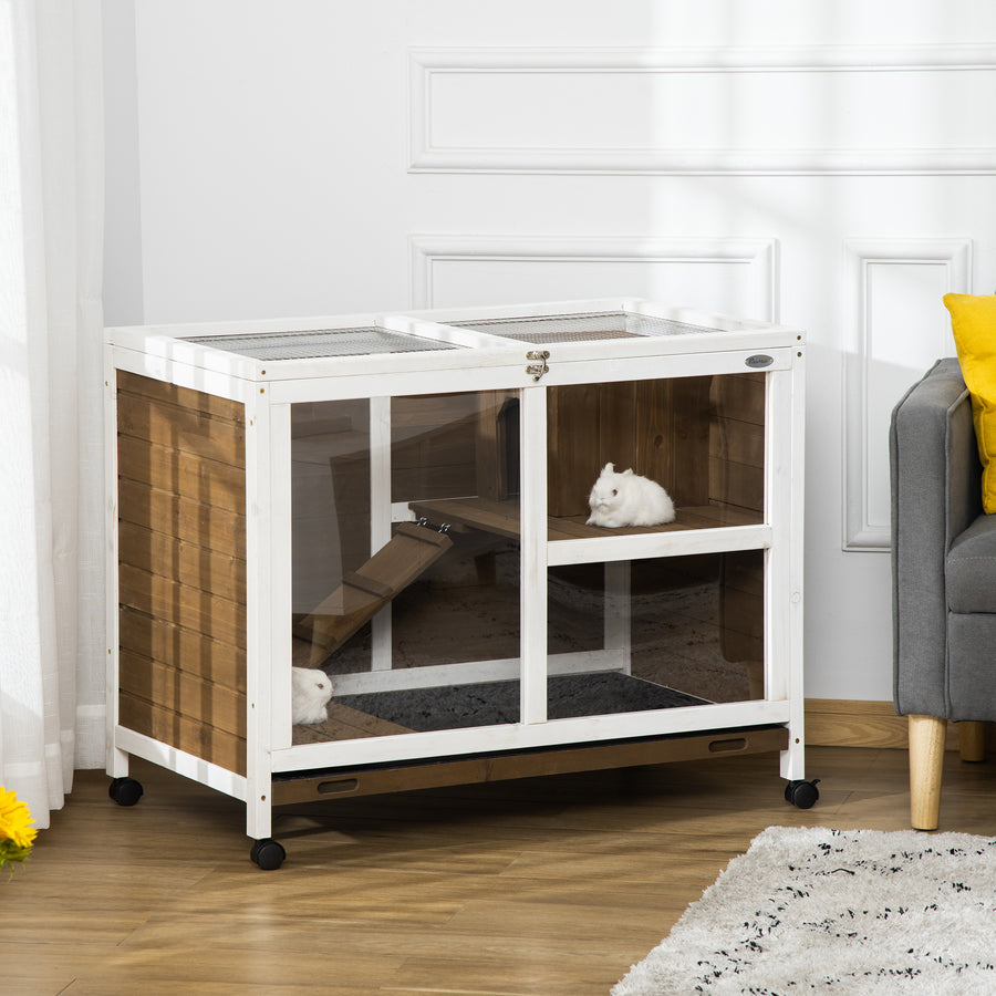 Wooden Rabbit Hutch, Bunny Cage w/ Tray, Ramp, Openable Roof, Wheels, 91.5 x 53.3 x 73cm - Brown