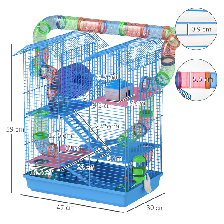 PawHut Hamster Habitat, 5 Tier Cage with Exercise Wheels, Tunnel, Water Bottle, Dishes, Ladder, Blue | Aosom UK