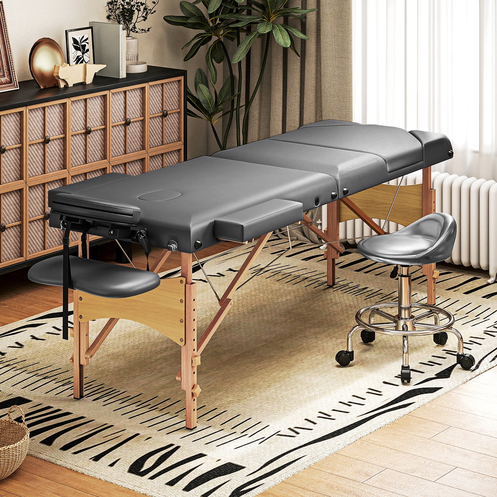 Foldable Massage Table with Beech Wood Legs - Grey