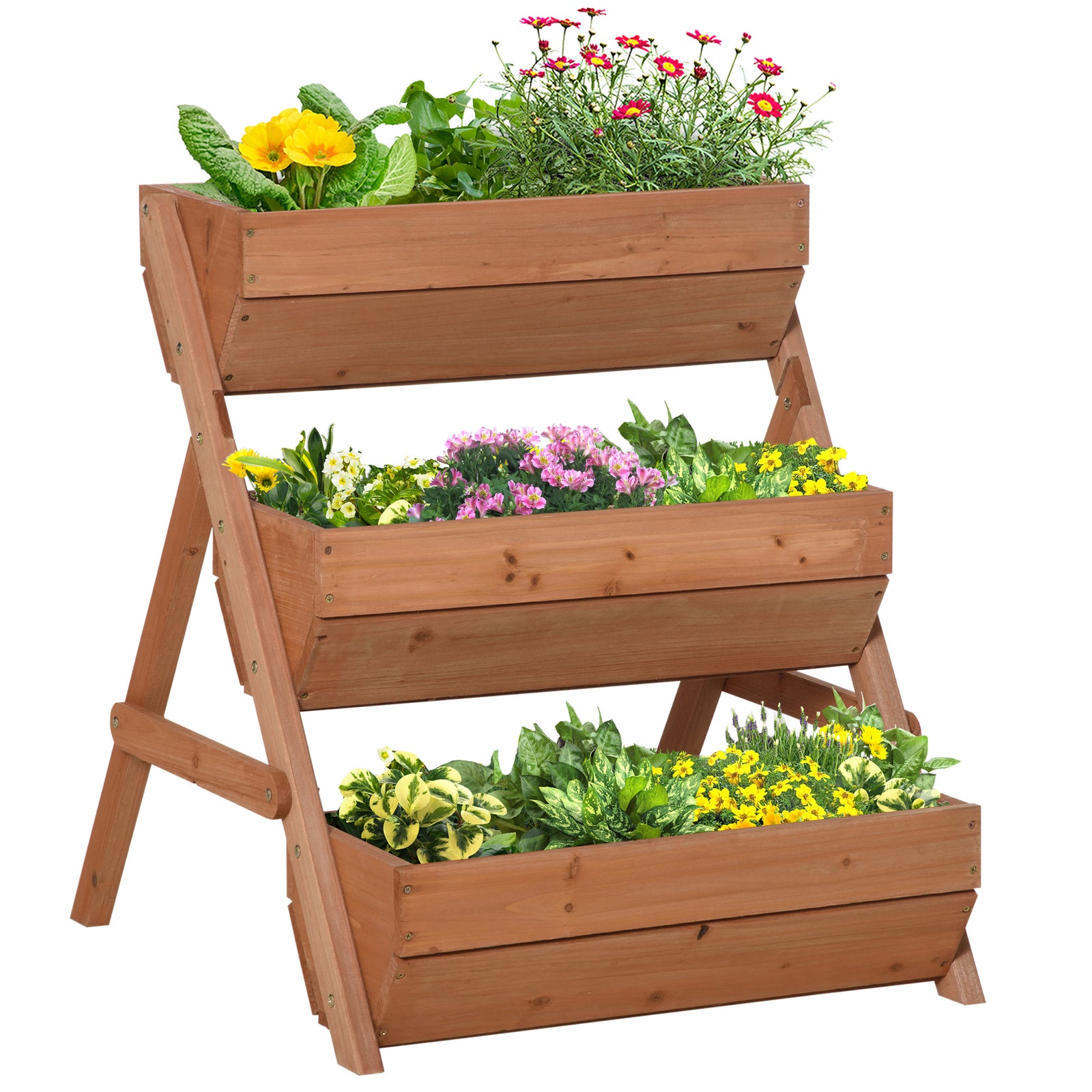 3 Tier Raised Garden Bed Wooden Elevated Planter Box Kit, 66L for Flower, Vegetable, Herb, 65x75x78cm, Brown