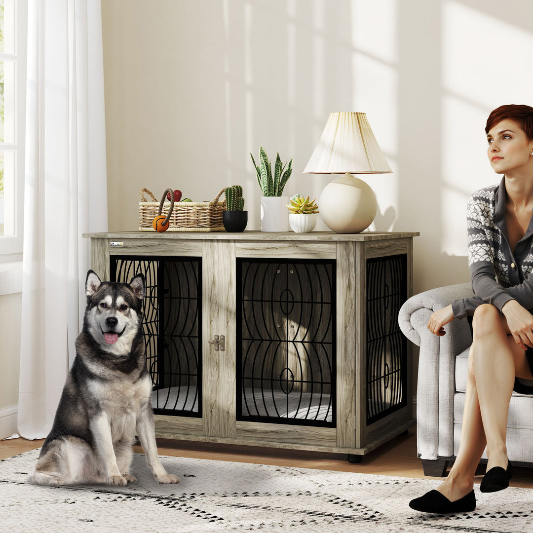 Indoor Dog Crate Furniture End Table with Soft Washable Cushion, Lockable Front Door, for Extra Large Dogs - Grey