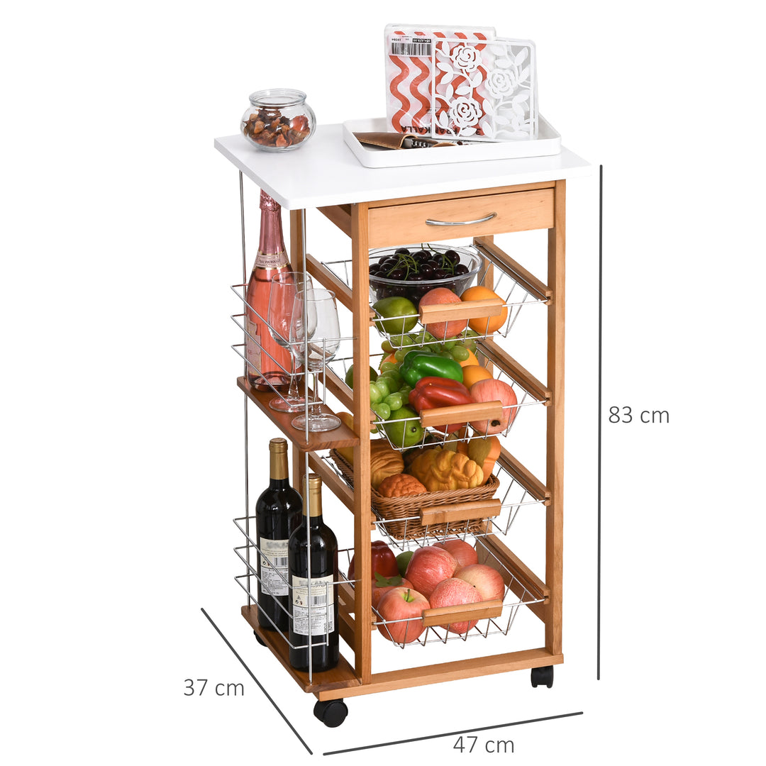 MCL Rolling Kitchen Cart, Utility Storage Cart with 4 Basket Drawers & Side Racks, Wheels for Dining Room, Brown