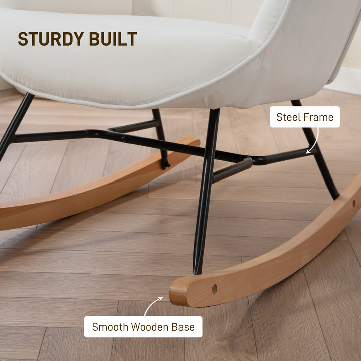 Rocking Chair, Modern Upholstered Velvet Armchair with Solid Wood Legs and Metal Frame for Living Room, Bedroom, Cream