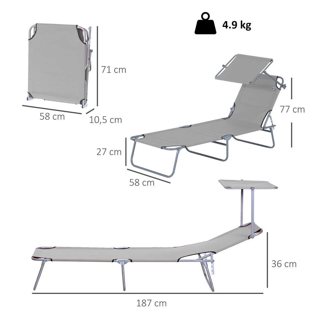 Outdoor Foldable Sun Lounger, 4 Level Adjustable Backrest Reclining Sun Lounger Chair with Angle Adjust Sun Shade Awning for Beach, Garden, Patio, Light Grey