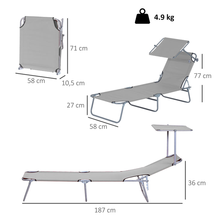 Outdoor Foldable Sun Lounger, 4 Level Adjustable Backrest Reclining Sun Lounger Chair with Angle Adjust Sun Shade Awning for Beach, Garden, Patio, Light Grey