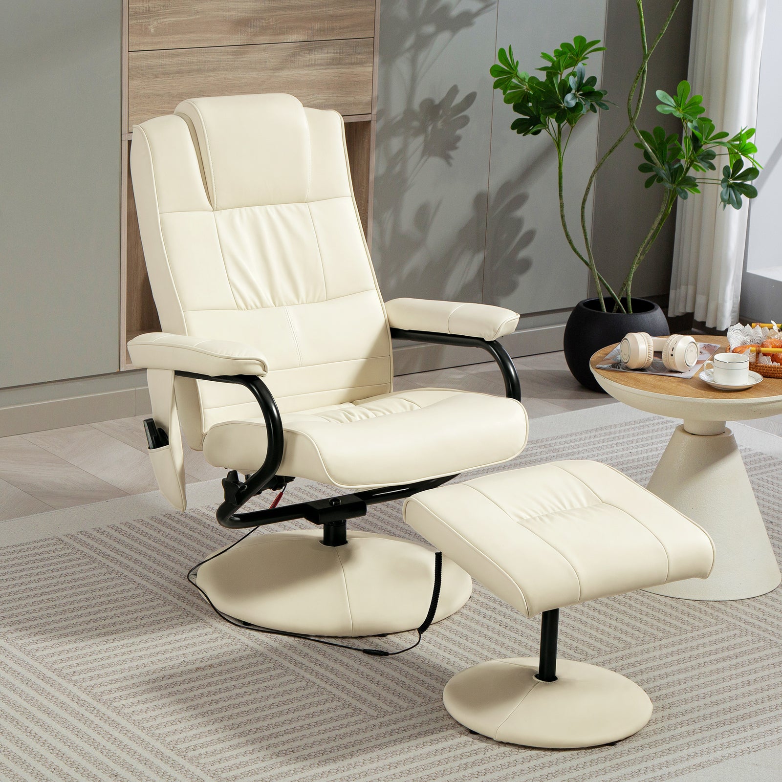 Swivel Recliner Chair and Footstool, Faux Leather Massage Recliner Armchair with Remote Control and Round Wrapped Base, Cream White