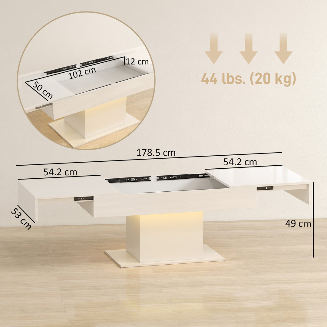 Extendable Coffee Table with LED Lights and Storage - High Gloss