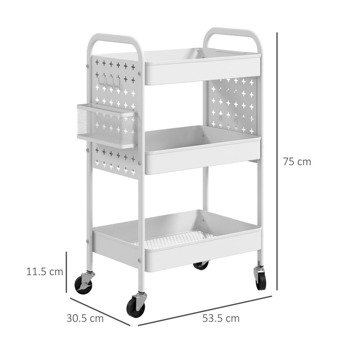 HOMCOM 3-tier Storage Trolley on Wheels, Rolling Utility Serving Cart w/ 3 Mesh Baskets, 2 Hanging Boxes & 6 Hooks for Living Room, White | Aosom UK