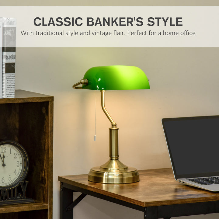 Banker's Desk Lamp with Antique Bronze Tone Base, Table Lamp with Green Glass Shade for Home Office, Green