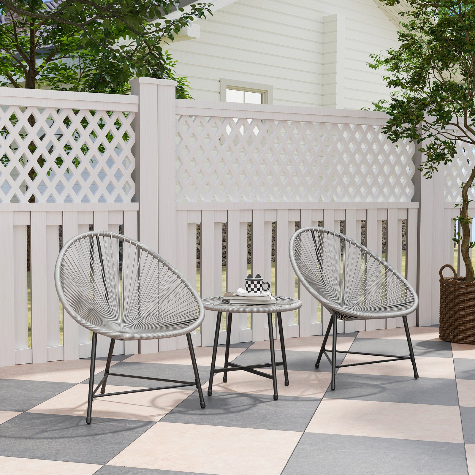 3 Pieces Rattan Bistro Set, Garden Bistro Set with Acapulco Chairs and Glass Top Table, Small Garden Furniture Set with Reinforced Metal Frame for Outdoor, Patio, Balcony, Grey