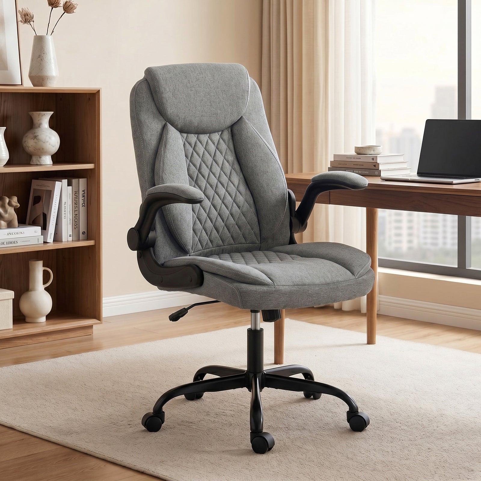 Linen-Look Computer Desk Chair, Executive Office Chair with Flip-Up Ar