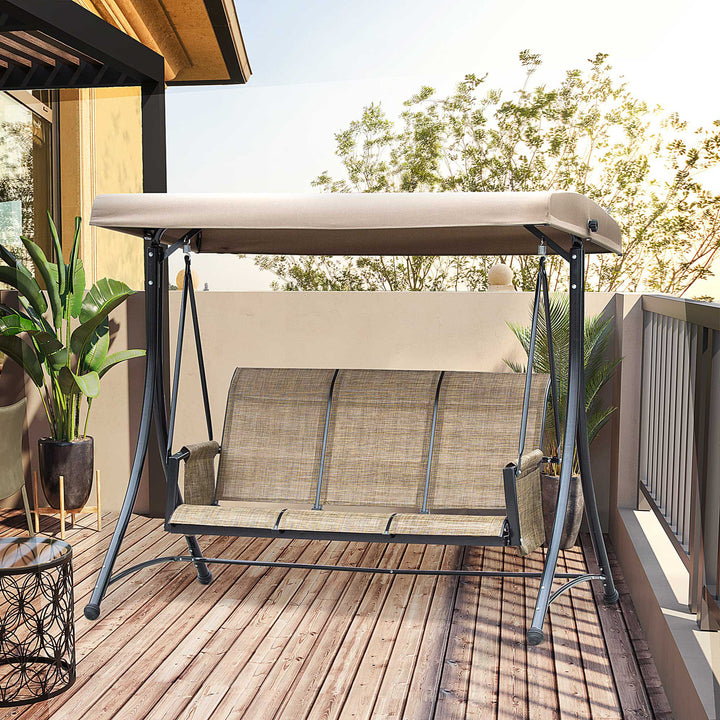 3 Seater Garden Swing Seat Outdoor Swing Chair with High Back Design, Steel Frame, Side Pouches, Adjustable Canopy, Brown