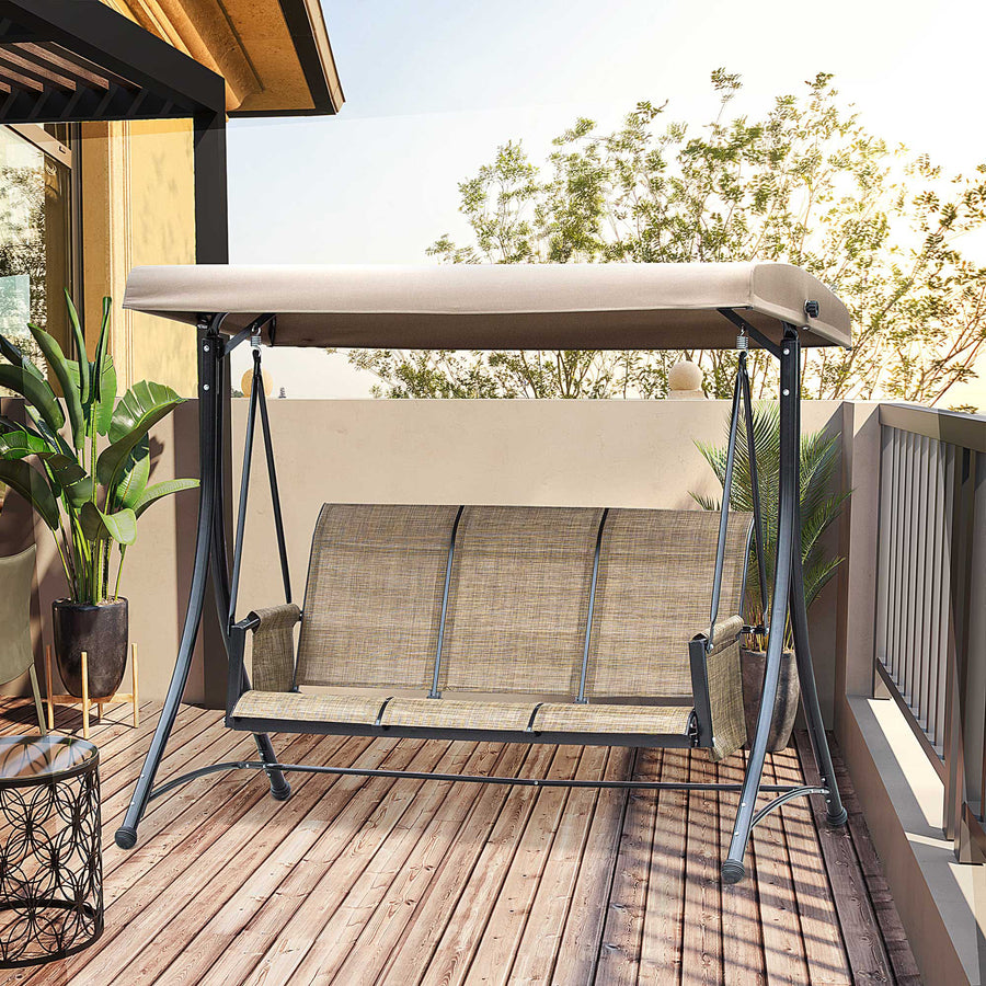 3 Seater Garden Swing Seat Outdoor Swing Chair with High Back Design, Steel Frame, Side Pouches, Adjustable Canopy, Brown