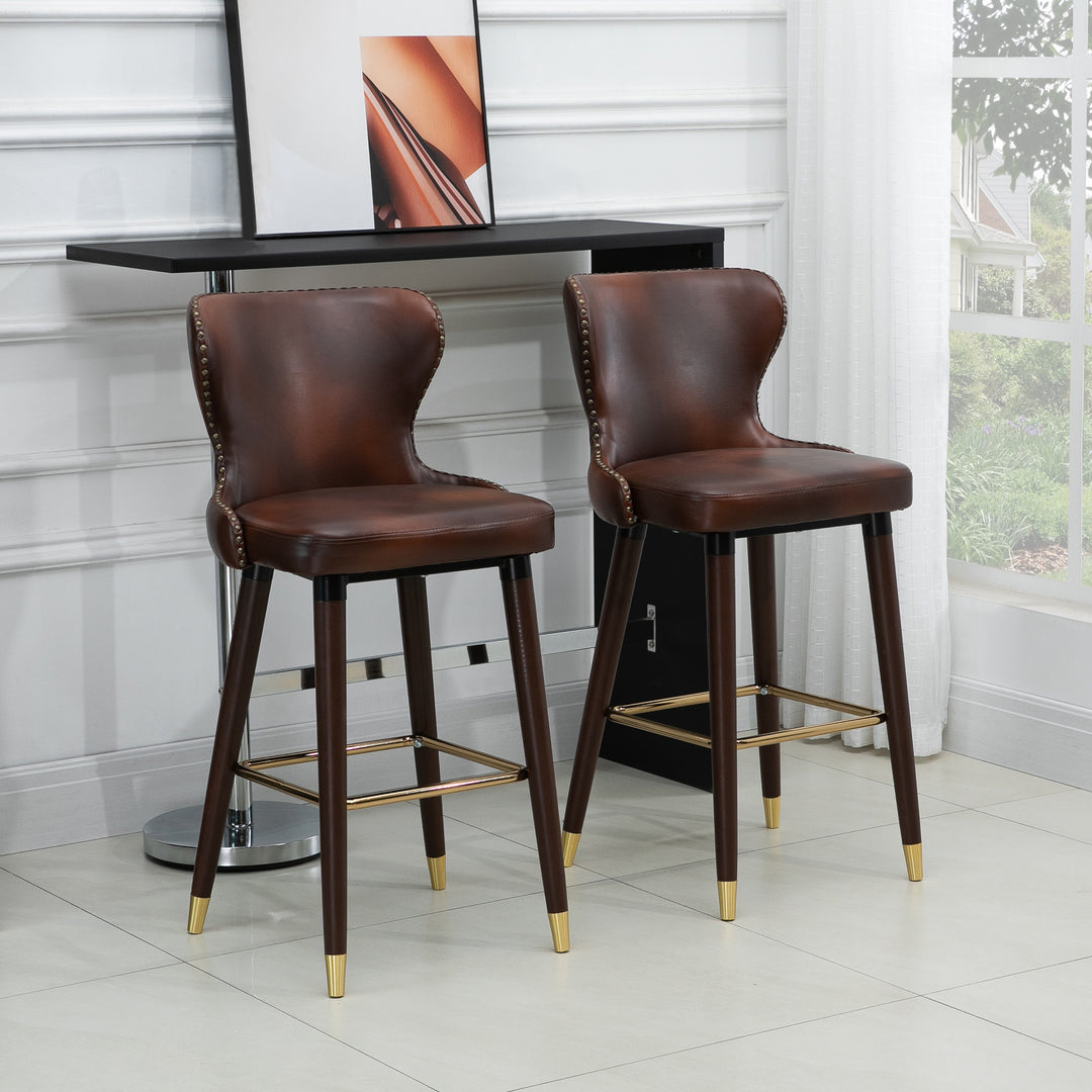 HOMCOM Bar Chair Set of 2, PU Leather Vintage Counter-Height Bar Stool, Luxury European Style Kitchen Stools with Back, Brown | Aosom UK