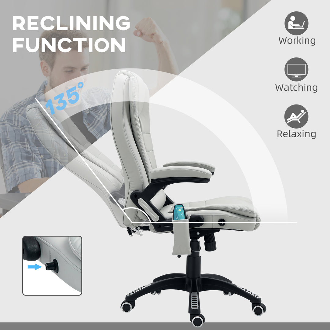6-Point Massage Office Chair with Seat Heated for Home Office, PU Leather High Back Executive Desk Chair with Adjustable Height and 360° Swivel for Work Study, Light Grey