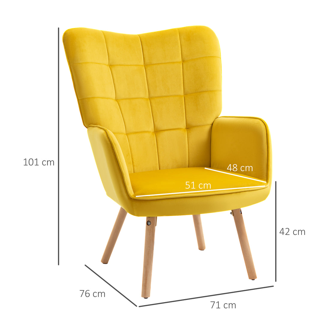 Modern Accent Chair HOMCOM Velvet-Touch Tufted Wingback Armchair Upholstered Leisure Lounge Sofa Club Chair with Wood Legs, Yellow | Aosom UK