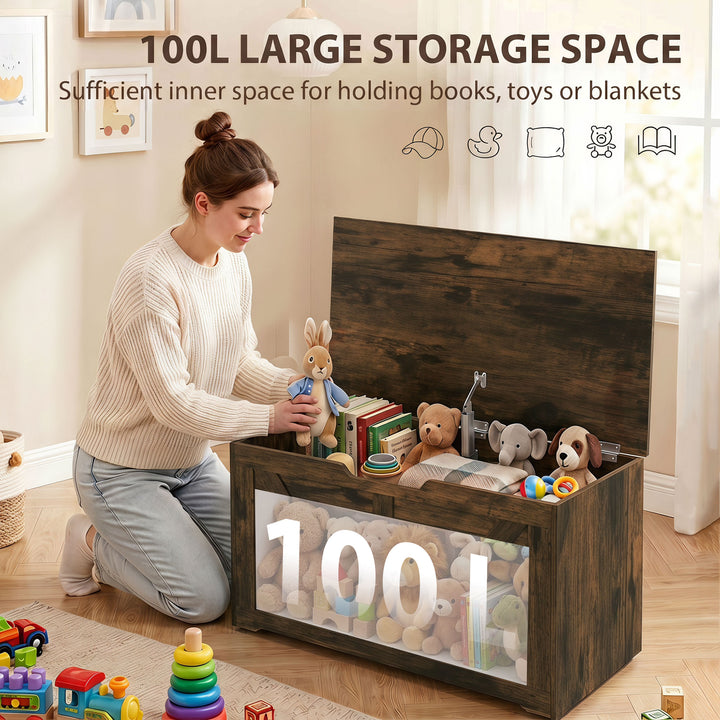 100L Home Storage Box, with Safety Hinge - Rustic Brown Wood-Effect