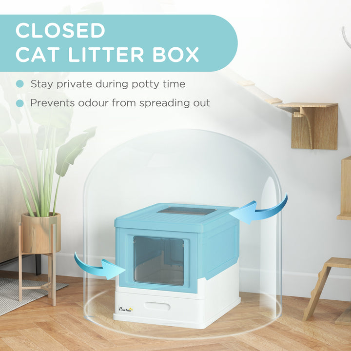 Hooded Cat Litter Box, Portable Pet Toilet, with Scoop, Front Entry - Light Blue