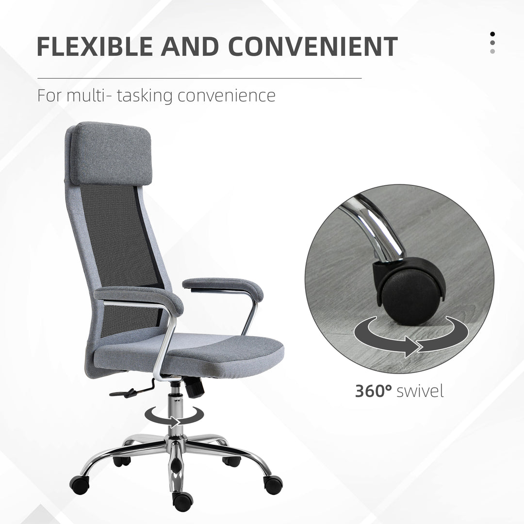 Office Chair, Ergonomic Desk Chair, High Back Computer Chair with Adjustable Height, Swivel Rolling Wheels, Mesh Back and Linen-Feel Fabric Seat for Home and Study, Grey