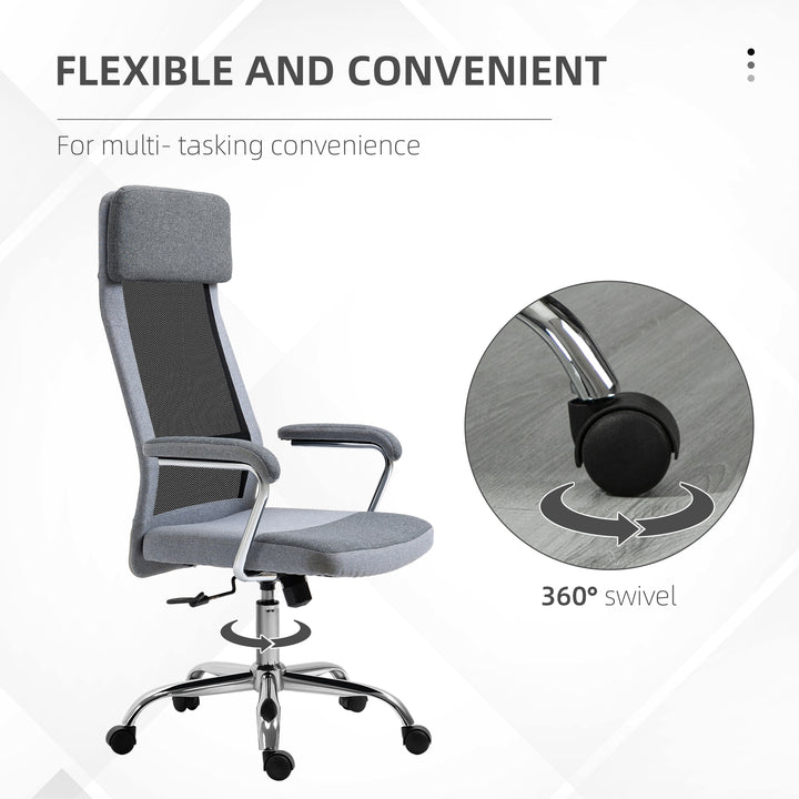 Office Chair, Ergonomic Desk Chair, High Back Computer Chair with Adjustable Height, Swivel Rolling Wheels, Mesh Back and Linen-Feel Fabric Seat for Home and Study, Grey