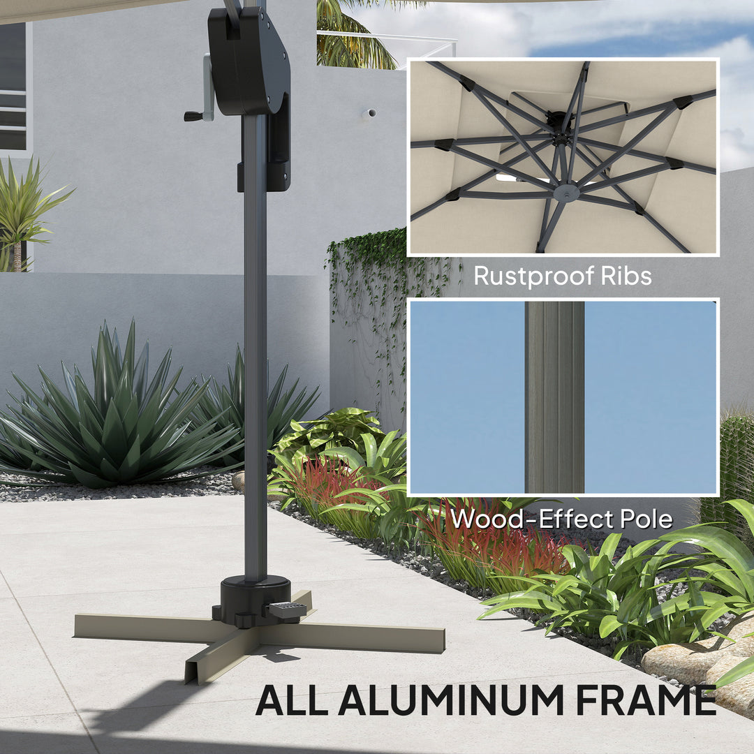 3.7 x 2.7 m Cantilever Parasol w/ 360° Rotation and Easy Tilt Adjustment, Aluminium Hanging Offset Outdoor Umbrella w/ Double Top, Cross Base, UPF50+ Hanging Sun Shade, Grey Wood Effect Pole
