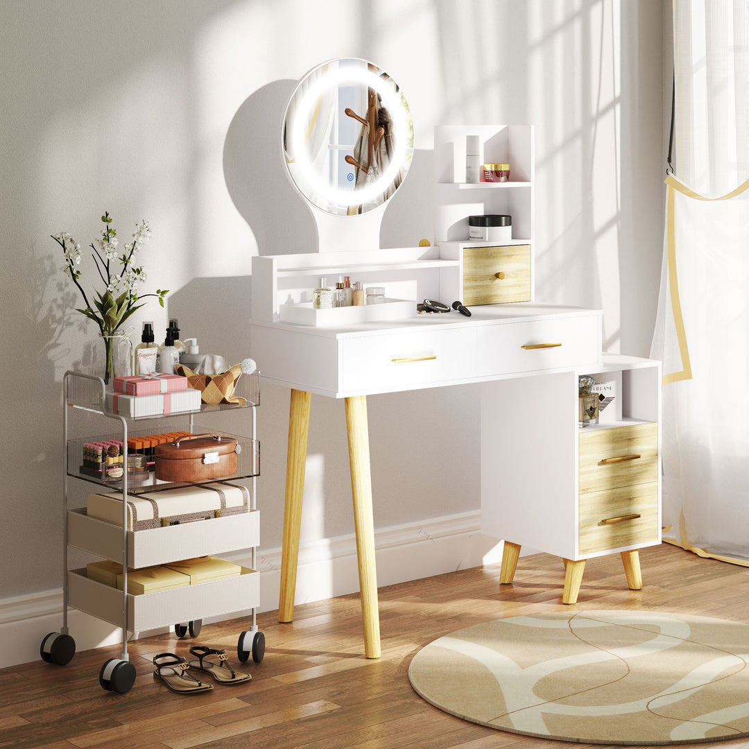 Elegant Dressing Table, with Storage - White