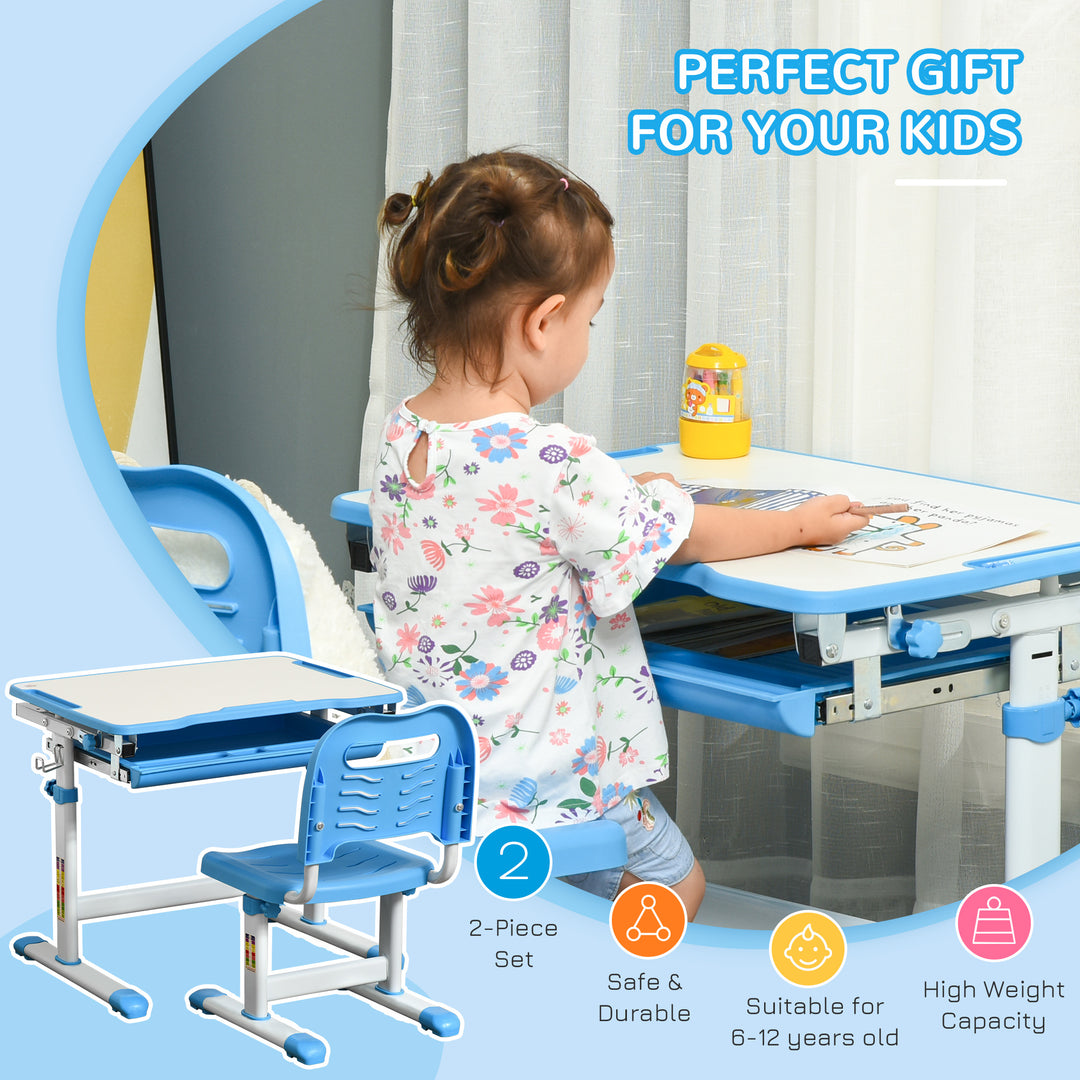 HOMCOM Kids Desk and Chair Set Height Adjustable Student Writing Desk Children Study Table w/ Desktop, Drawer, Pen Slot, Hook Blue | Aosom UK