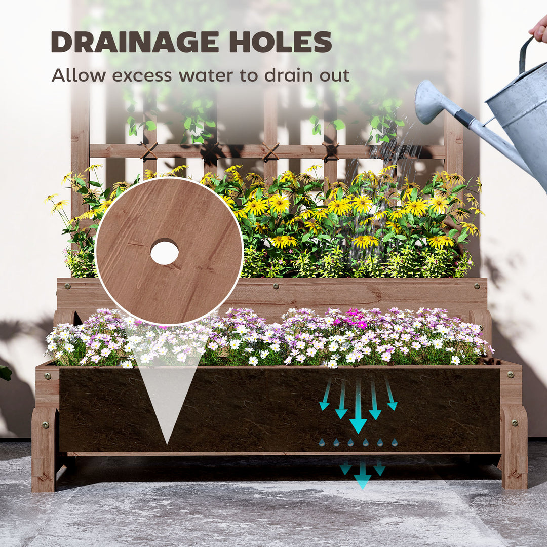 2-Tier Raised Garden Bed with Trellis, Wooden Elevated Planter Box with Drainage Holes, Outdoor Raised Planter for Climbing Plants, Fruits, Vegetables, Flowers, Brown