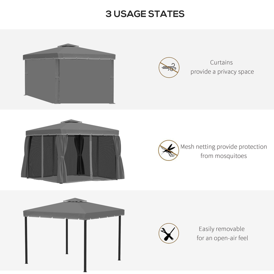 MCL 3 x 3(m) Patio Gazebo Canopy Garden Pavilion Tent Shelter Marquee with 2 Tier Water Repellent Roof, Mosquito Netting and Curtains, Aluminium Frame, Dark Grey