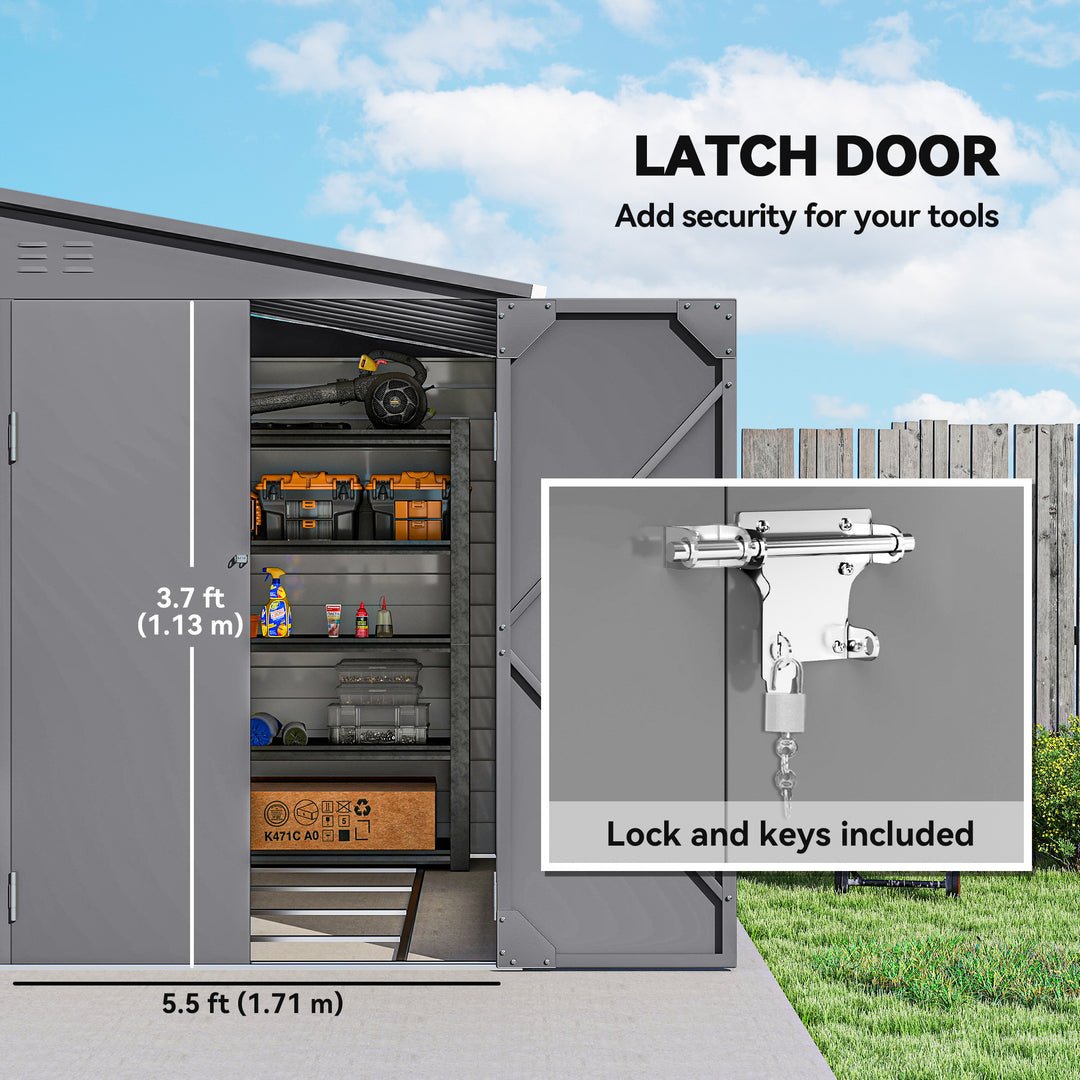 5 x 9ft Galvanised Metal Garden Shed with Foundation Kit, Outdoor Lean-to Shed, Tool Storage House with Lockable Doors, Gloves and 2 Air Vents for Patio, Garden, Grey