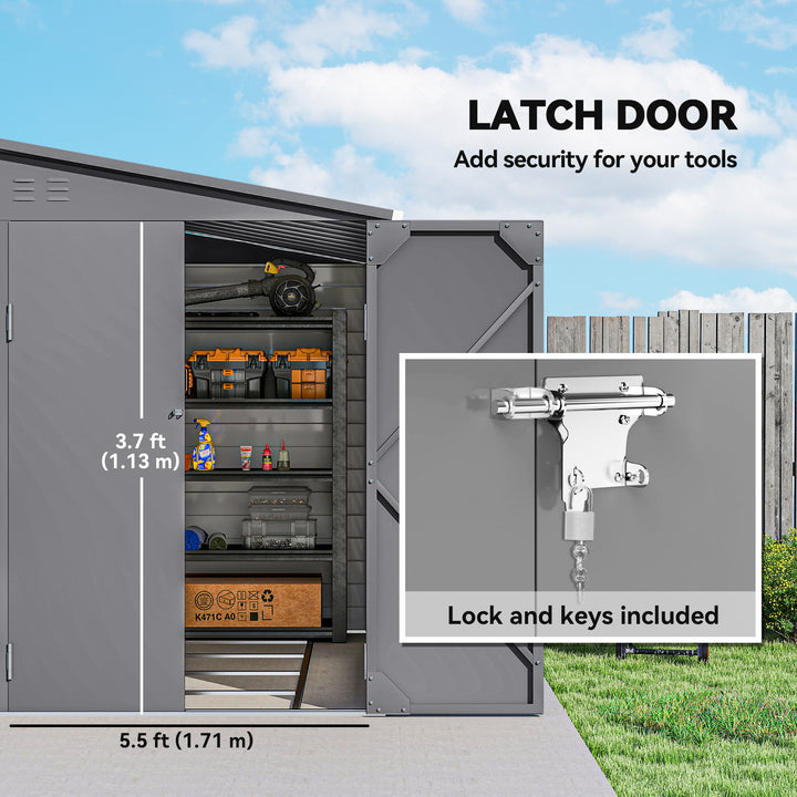 5 x 9ft Galvanised Metal Garden Shed with Foundation Kit, Outdoor Lean-to Shed, Tool Storage House with Lockable Doors, Gloves and 2 Air Vents for Patio, Garden, Grey