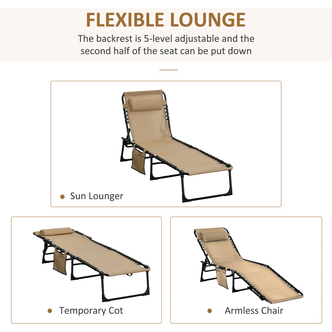 Portable Sun Lounger, Folding Camping Bed Cot, Reclining Lounge Chair 5-position Adjustable Backrest with Side Pocket, Pillow for Patio Garden Beach Pool, Beige