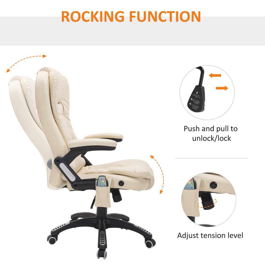 6-Point Massage Office Chair with Seat Heated for Home Office, PU Leather High Back Executive Desk Chair with Adjustable Height and 360° Swivel for Work Study, Beige
