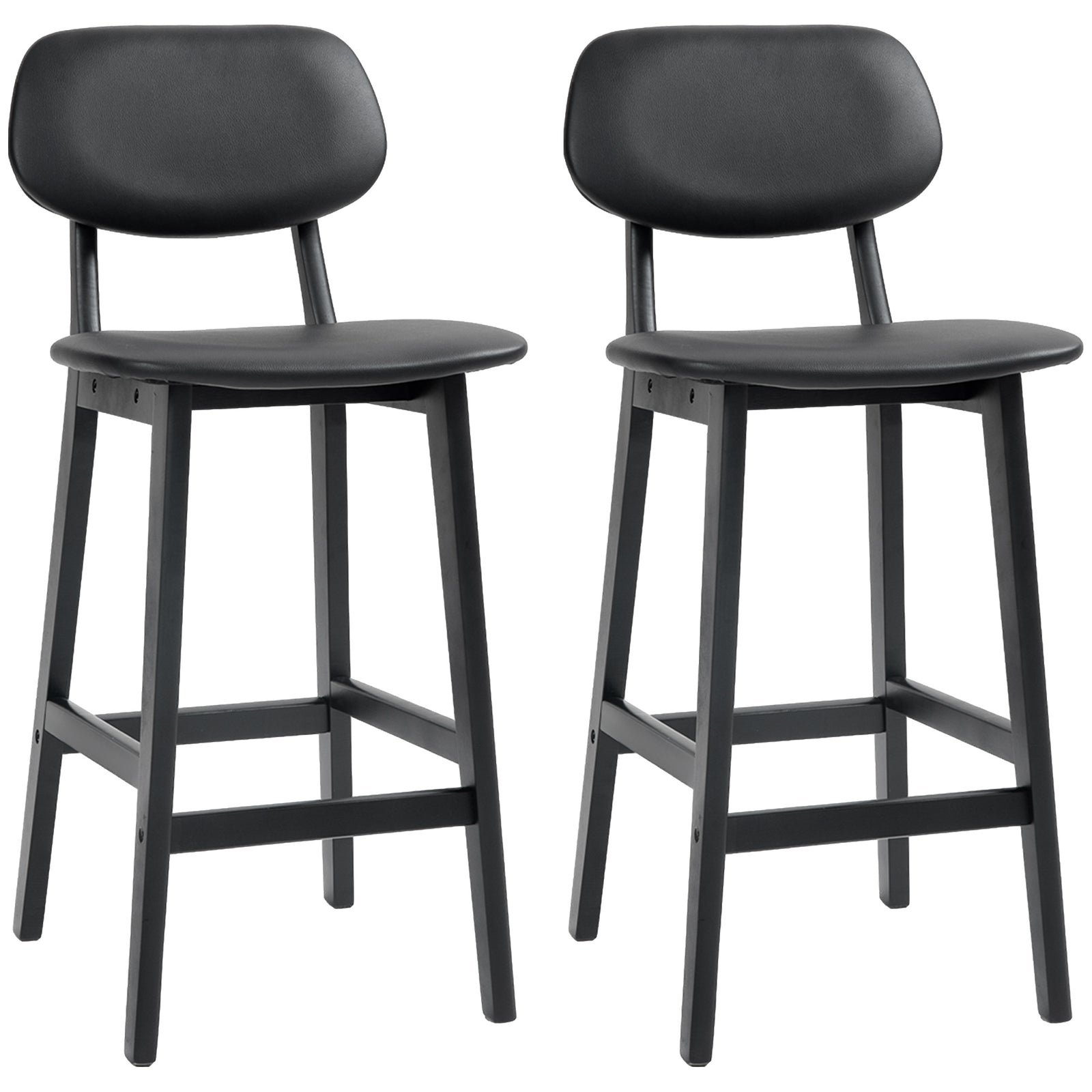 Set of Two Wooden Classic Bar Stools, with Faux Leather Seats - Black