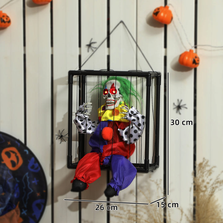 Outsunny Halloween Animated Hinging Clown in Cage with Glowing LED Eyes, Spooky Clown Scary Halloween Decorations, Battery Operated, Indoor Party Props