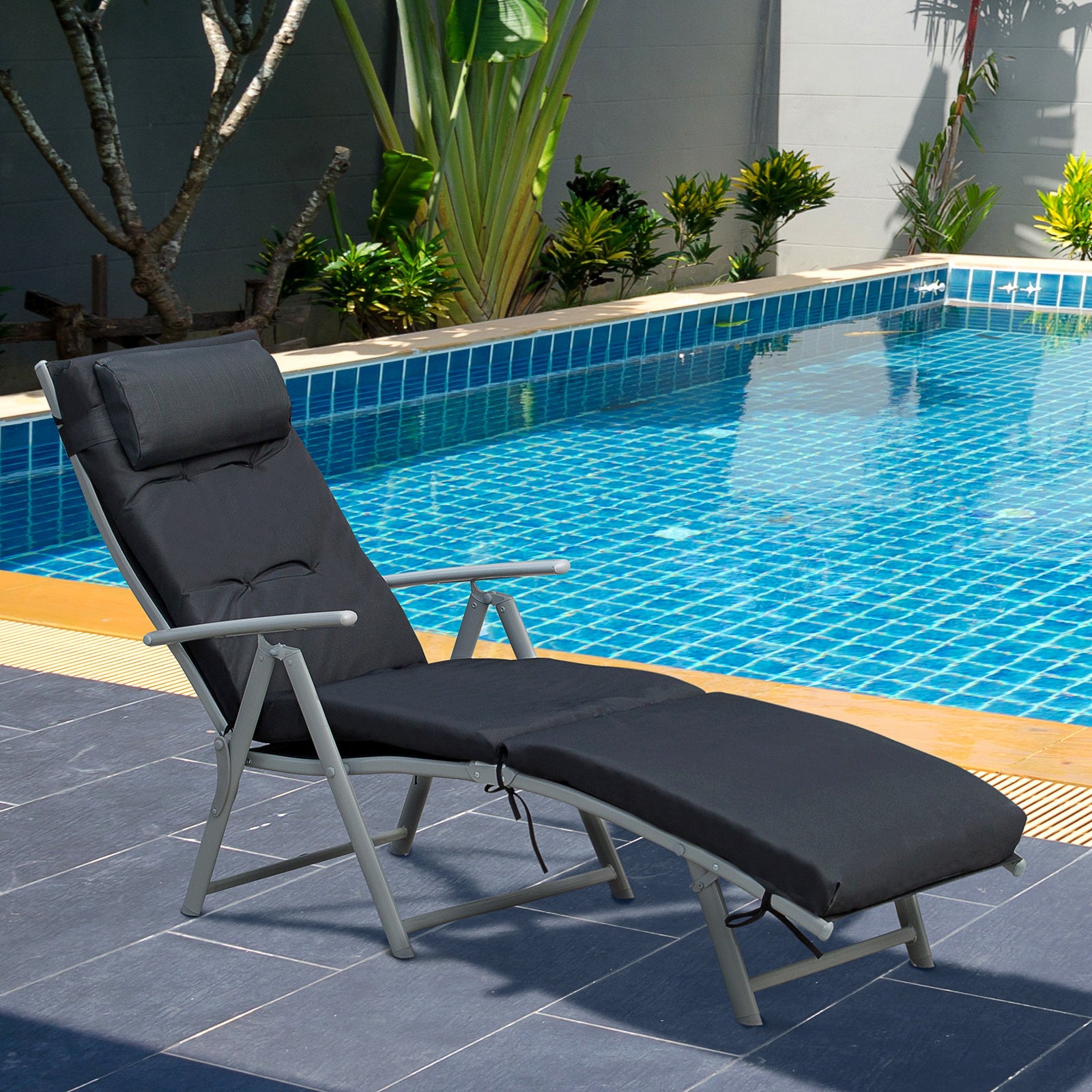 Steel Frame Outdoor Garden Padded Sun Lounger w/ Pillow Black