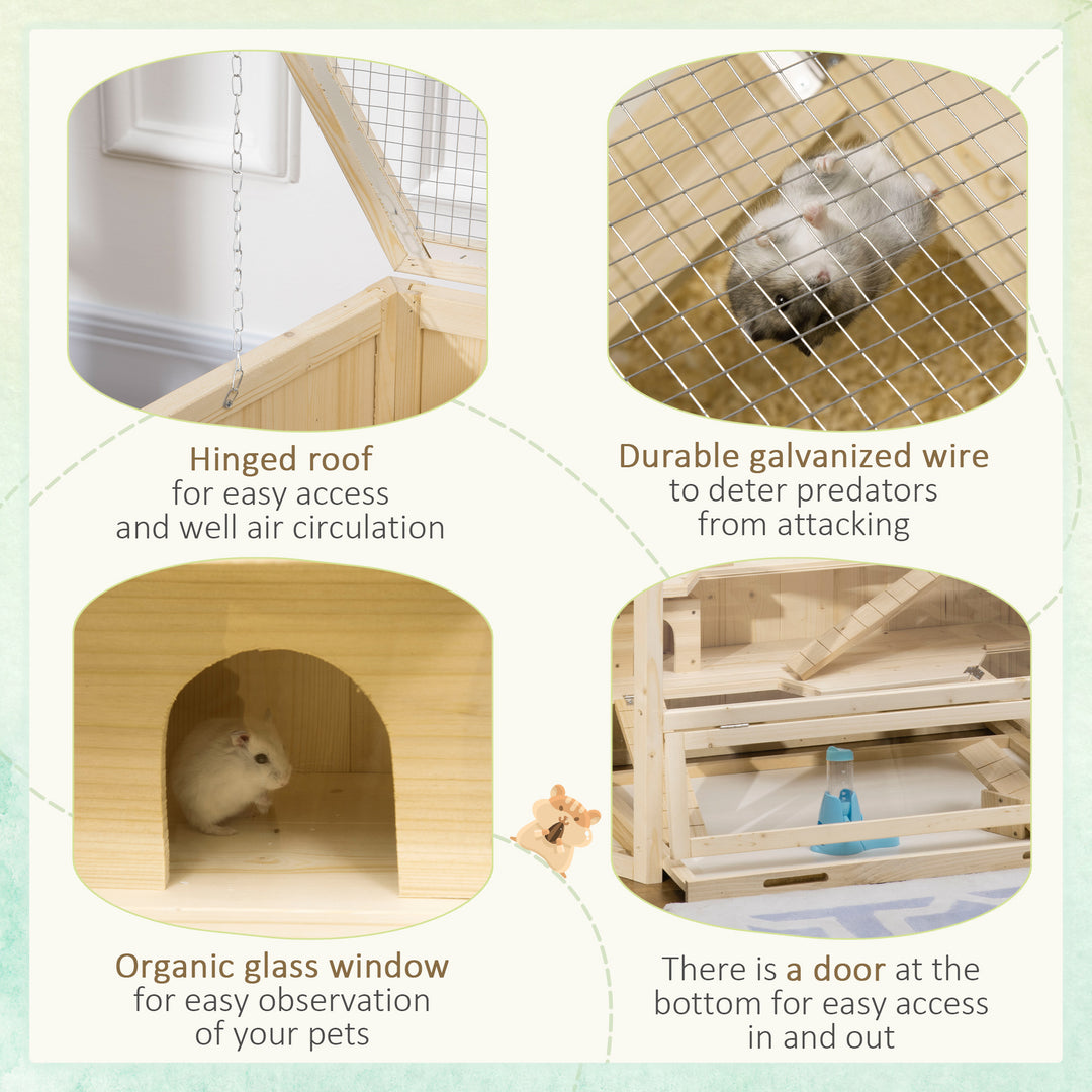 3 Tier Wooden Large Hamster Cage with Sliding Tray, Seesaws, Water Bottle, Natural