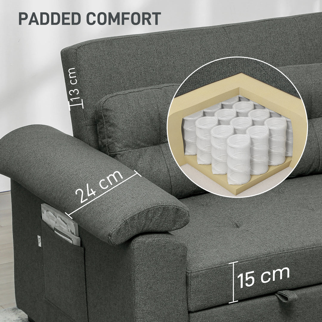 Pull Out Sofa Bed, Fabric 2 Seater Click Clack Sofa Bed Settee with 2 Pocket Springs, Convertible Sofa Couch with Pillows and Side Pockets for Living Room, Home Office, Charcoal Grey