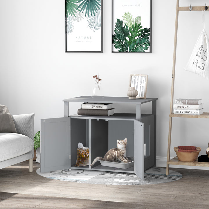 MCL Wooden Cat Litter Box Enclosure Furniture with Adjustable Interior Wall & Large Tabletop for Nightstand, Grey