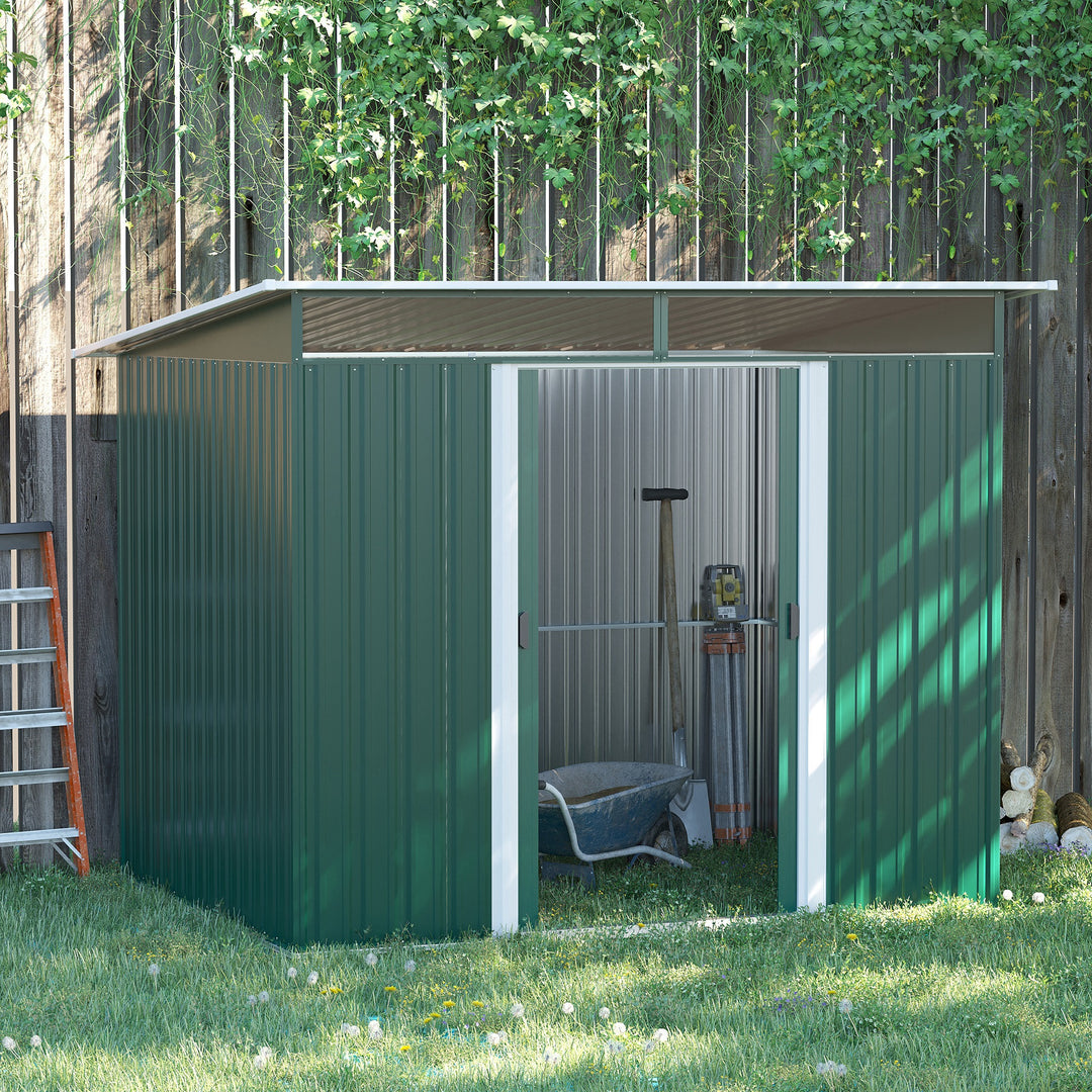 Outsunny Pent Roofed Metal Garden Shed House Hut Gardening Tool Storage w/ Ventilation 260L x 194W x 200H cm | Aosom UK